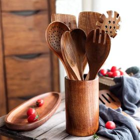 Wooden Kitchenware Suit Teak Long Handle Spoon Wooden Colander Non-stick Spatula